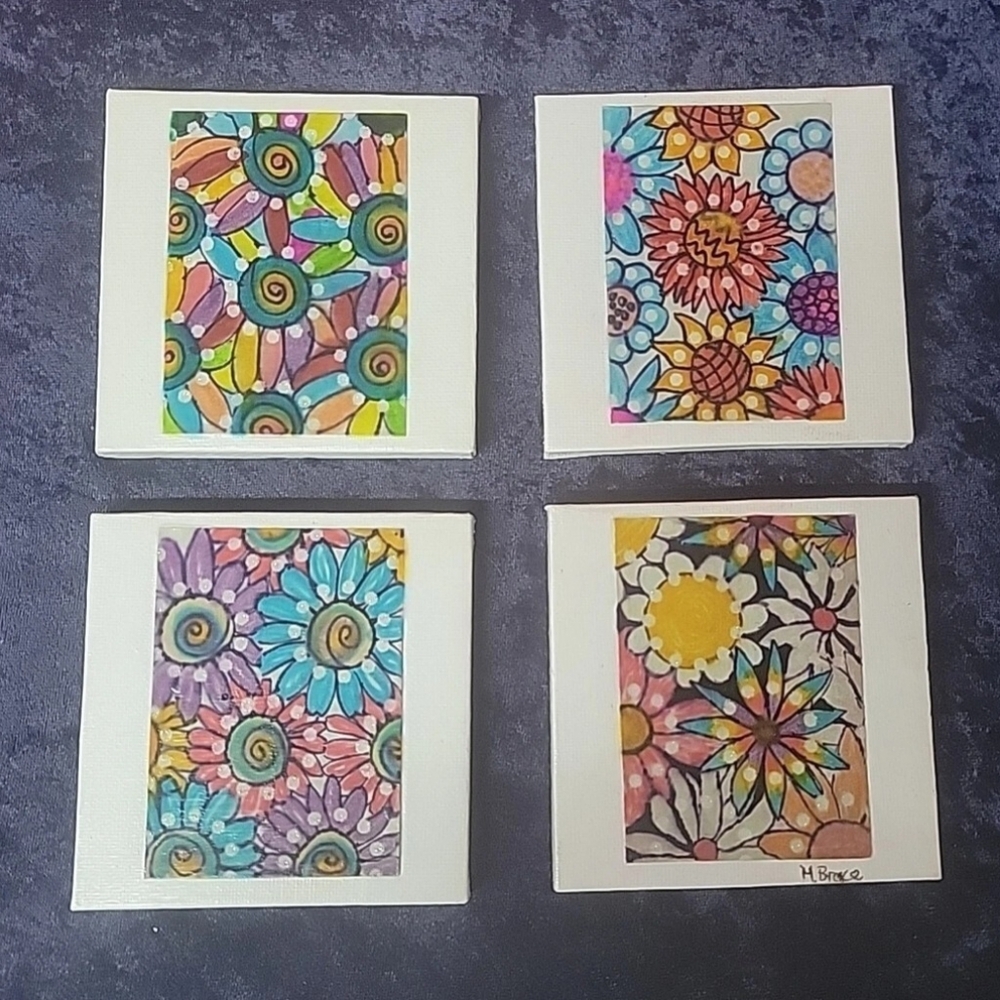 4"x4" Original Mini Painting Folk Art Flowers Set Of 4 Canvas Watercolor.